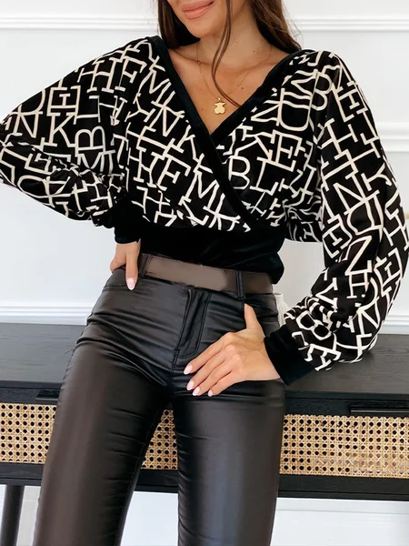

Elegant V Neck Text Letters Print Blouse, Black, Blouses and Shirts