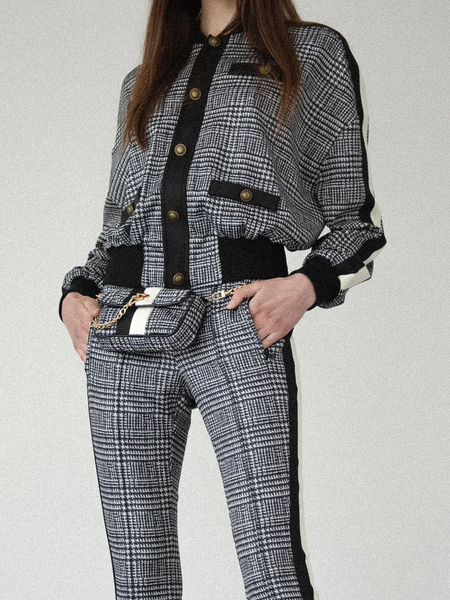 

Loose Plaid Stand Collar Long sleeve Jacket, Gray, Jackets