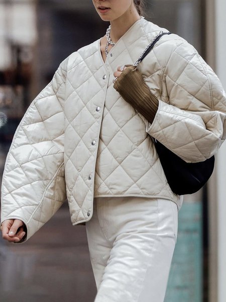 

Daily Long sleeve Plain V Neck Simple Fleece Coat, Off white, Others