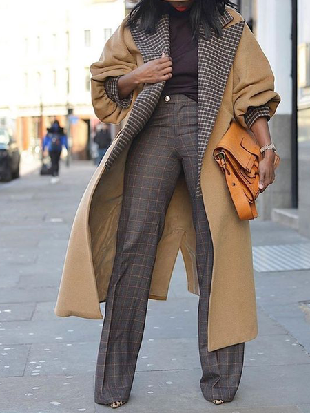 

Loose Lapel Collar Long sleeve Urban Mid-long Overcoat, Khaki, Coats
