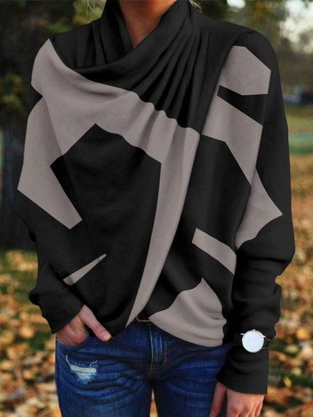 

Geometric Urban Long Sleeve Loosen Top, Black, Linen Tops