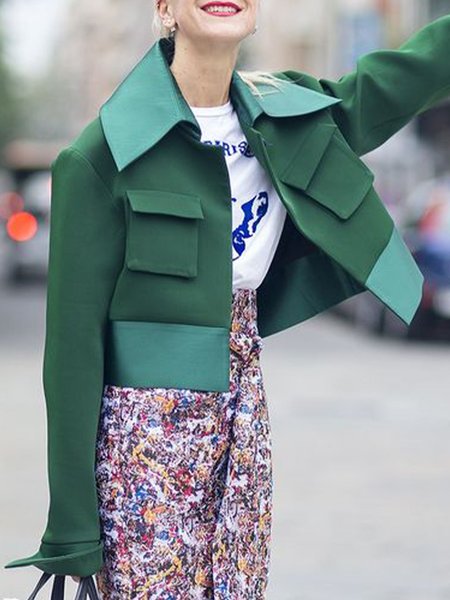 

Shirt Collar Color Block Loose Jacket, Green, Jackets