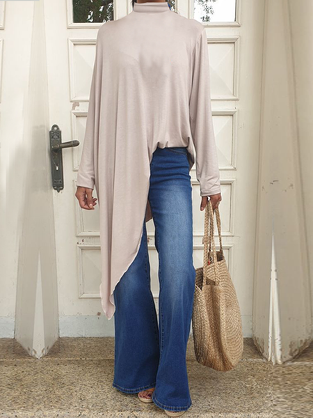 

High Elasticity Loose Turtleneck Long sleeve Mid-long T-Shirt, As picture, Linen Tops