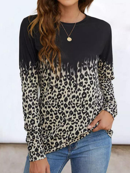 

Casual Regular Fit Leopard V-Neck Long Sleeve T-Shirt, Black, T-Shirts
