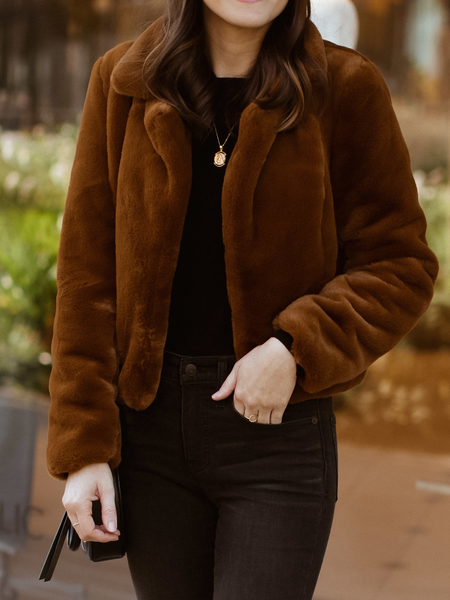 

Loose Shirt Collar Long sleeve Urban Plain Teddy Jacket, Brown, Others