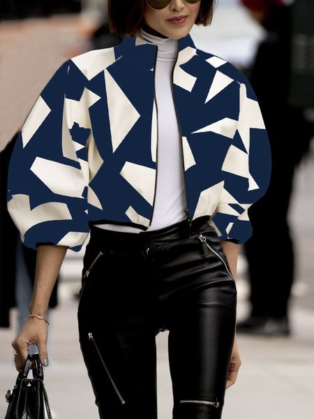 

Urban Geometric Loosen Stand Collar Jacket, Blue, Jackets