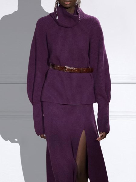 

Long sleeve Elegant Turtleneck Plain Sweater, Deep purple, Pullovers