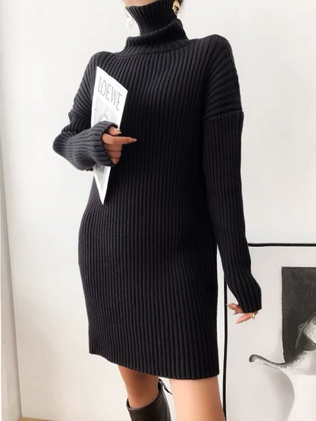 

Turtleneck Simple Plain Loose Long Sleeve Dress, Black, Mini Dresses