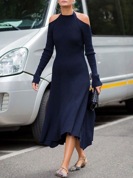 

Elegant Plain Cold Shoulder Sweater Dress, Navyblue, Midi Dresses