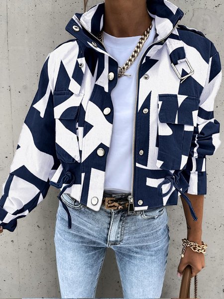 

Geometric Stand Collar Loose Casual Jacket, Blue, Jackets