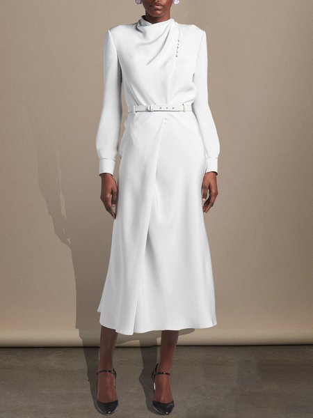 

Elegant Regular Fit Long sleeve Midi Dress, White, Midi Dresses