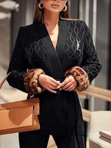 

Simple Long Sleeve Regular Fit Leopard Cross Neck Sweater Coat, Black, Cardigans