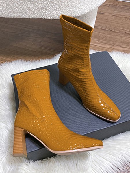 

Patent Leather Block Heel High Heel Booties, Caramel, Boots