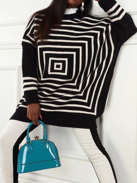 

Half Turtleneck Loose Geometric Sweater, Black-white, Pullovers