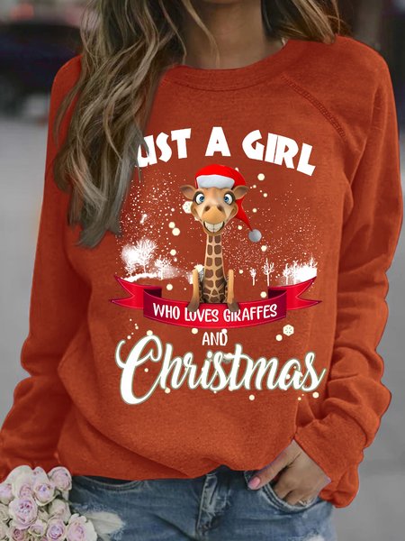 

Women's Just A Girl Love Giraffes Merry Christmas Crew Neck Casual Graphic Sweatshirts, Orange, Hoodies&Sweatshirts