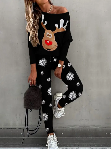 

Christmas Cold Shoulder Loose Two Piece Sets, Black, Suit Set