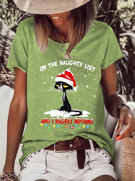 

Women's Funny Christmas Cat Graphic Cotton-Blend T-shirt, Green, T-shirts