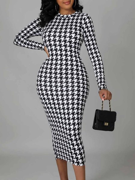 

Daily Crew Neck Long sleeve Houndstooth Elegant Dress, Black, Maxi Dresses