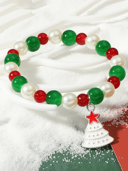 

Christmas Red Green Elk Christmas Tree Pattern Beaded Crystal Bracelet Christmas Party Jewelry, Bracelets