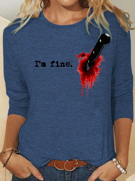 Womens Funny Halloween Print I'm Fine Casual Top, Blue, Long sleeves