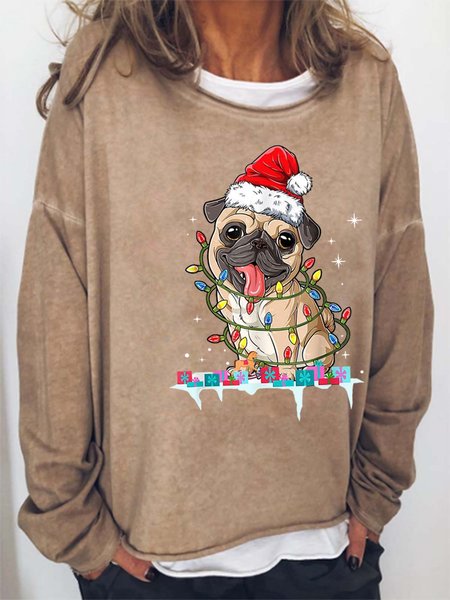 

Women Merry Christmas Dog Hat Light Crew Neck Loose Christmas Sweatshirts, Khaki, Hoodies&Sweatshirts