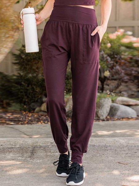 Casual Plain Elastic Waist Pants, Red brown, Pants