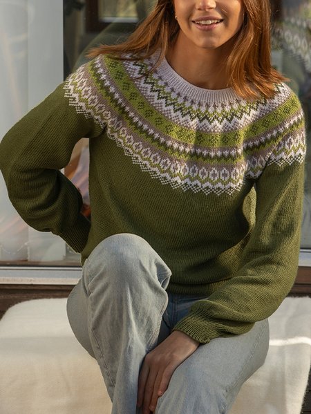 

Ethnic Crew Neck Vintage Sweater, Green, Sweaters