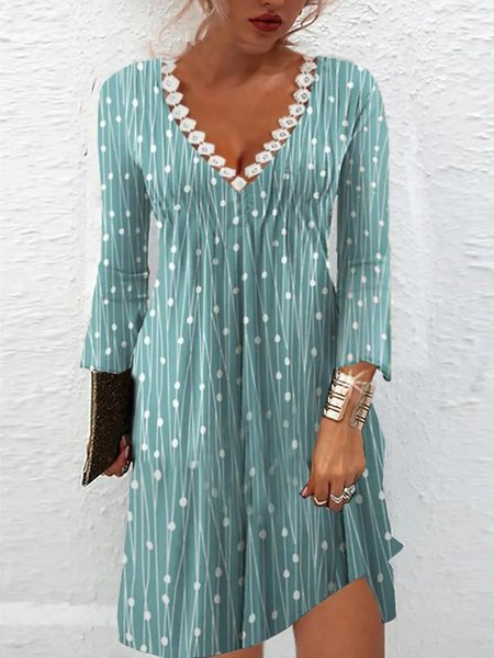

V Neck Regular Fit Polka Dots Dress, Blue, Dresses