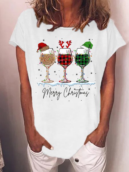 

Women's Merry Christmas Wine Glass Print Casual Crew Neck Loose T-Shirt, White, T-shirts