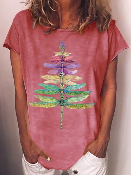 

Women's Dragonfly Christmas Tree Casual Crew Neck T-shirt, Red, T-shirts