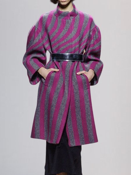 

Crew Neck Urban Striped Long Sleeve Loosen Overcoat, As picture, Coats