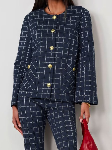 

Crew Neck Long Sleeve Plaid Jacket, Purplish blue, Jackets