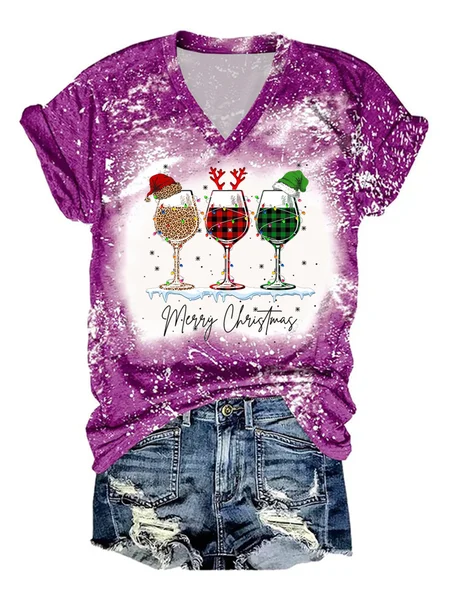 

Womens Merry Christmas Red Wine Glass Bleach Print V Neck Cotton-Blend Loose T-Shirt, Rose red, T-shirts