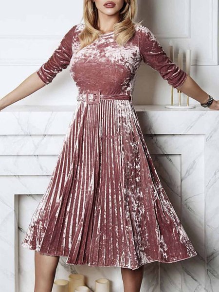 

Elegant Daily Three Quarter Velvet Crew Neck Dress, Pink, Midi Dresses