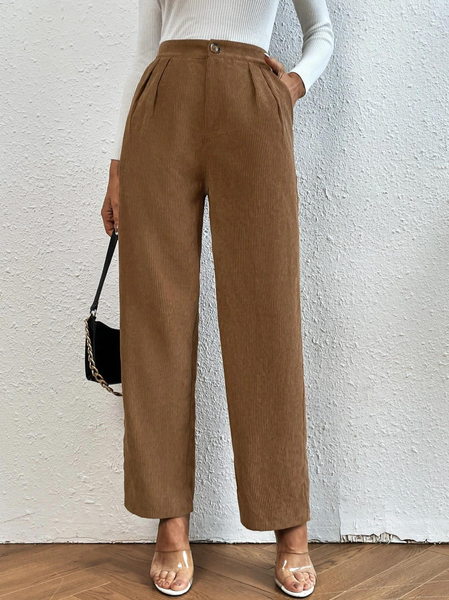 

Casual High Waist Corduroy Straight Leg Fashion Pants, Brown, Pants