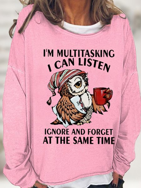 

Women's Funny Text Letters Owl I'm Multitasking Crew Neck Casual Sweatshirt, Pink, Hoodies&Sweatshirts