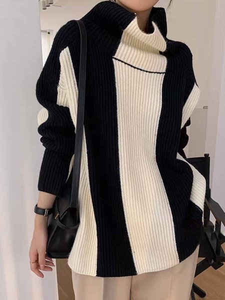 

Striped Heavyweight Long sleeve Simple Turtleneck Sweater, Off white, Pullovers