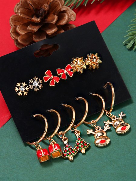 

6Pcs Christmas Bow Snowflake Elk Christmas Tree Pattern Earring Set Festive Party Jewelry, As picture, Earrings