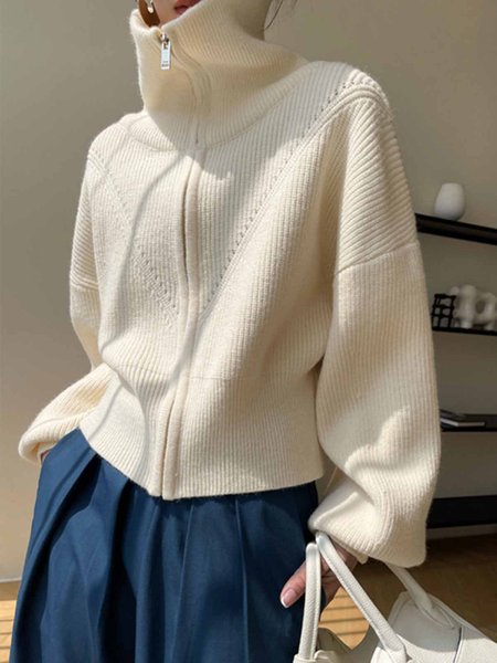 

Turtleneck Long sleeve Plain Simple Loose Sweater Coat, White, Cardigans