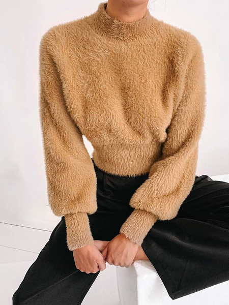 

High Elasticity Stand Collar Long sleeve Urban Sweater, Khaki, Pullovers