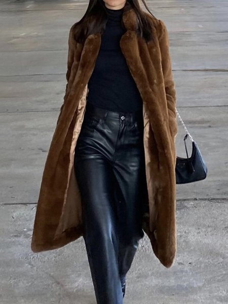 

Simple Regular Fit Long Sleeve Plain Teddy Jacket, Brown, Others