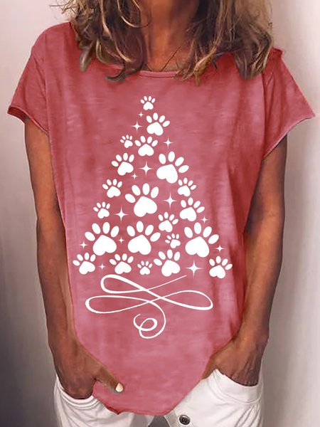 

Women's Paw Christmas Tree Printed Casual Crew Neck T-shirt, Red, T-shirts