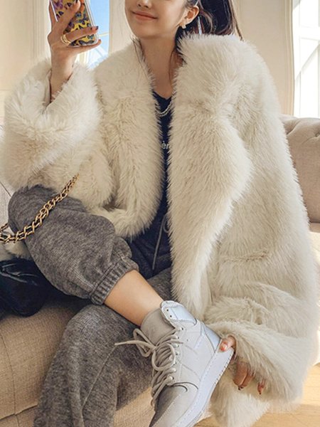 

Elegant Loose Shawl Collar Teddy Jacket, Beige, Others