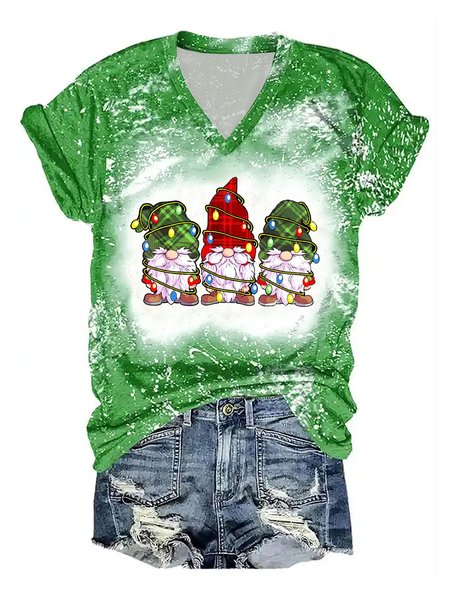 

Women Christmas Funny Gnomes Print V Neck T-Shirt, Green, T-shirts