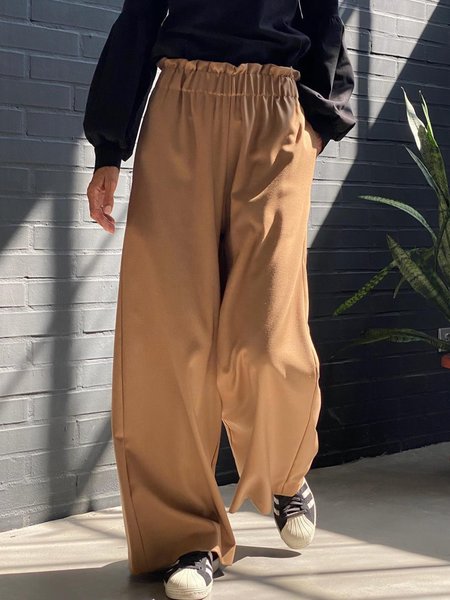 

Plain elastic waist wide leg pants, Camel, Pants