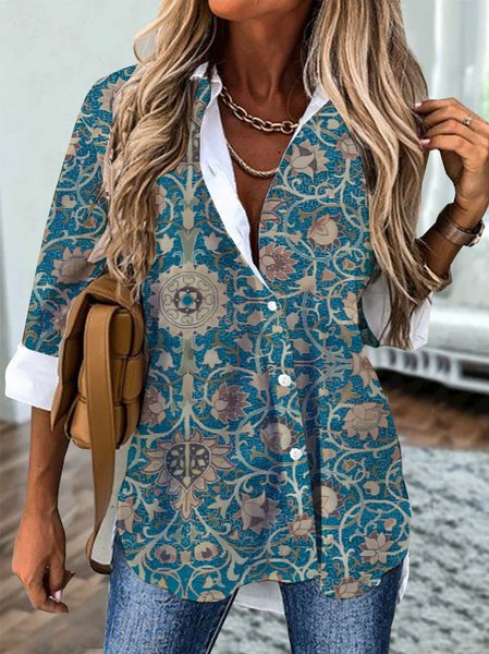 

Shirt Collar Casual Floral Tunic Blouse, Blue, Shirts