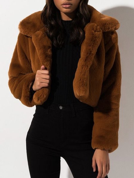 

Plain Shawl Collar Teddy Long sleeve Jacket, Brown, Others