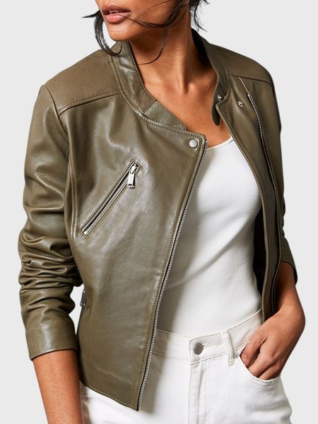 

Plain Stand Collar Urban Jacket, Green, Jackets