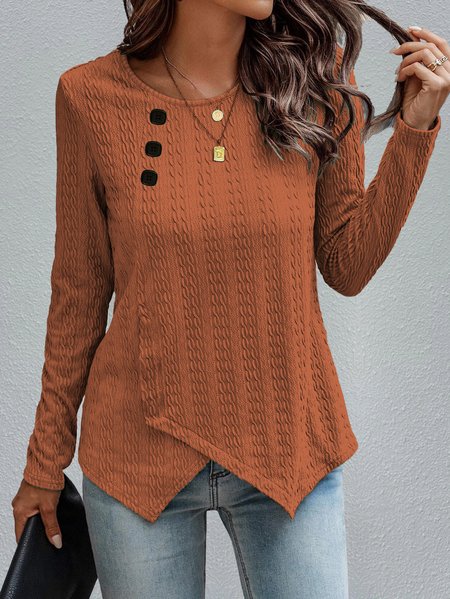 Casual Plain Crew Neck Regular Fit Cotton-Blend Top, Orange, Tunics