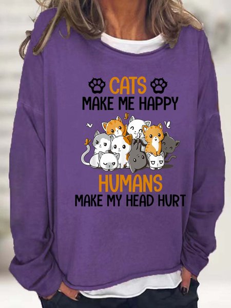 

Women Cat Make Me Happy Humans Make My Head Hurt Casual Sweatshirt, Purple, Hoodies&Sweatshirts
